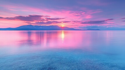 Obraz premium Stunning Sunset Over Tranquil Lake with Vibrant Pink and Purple Reflections