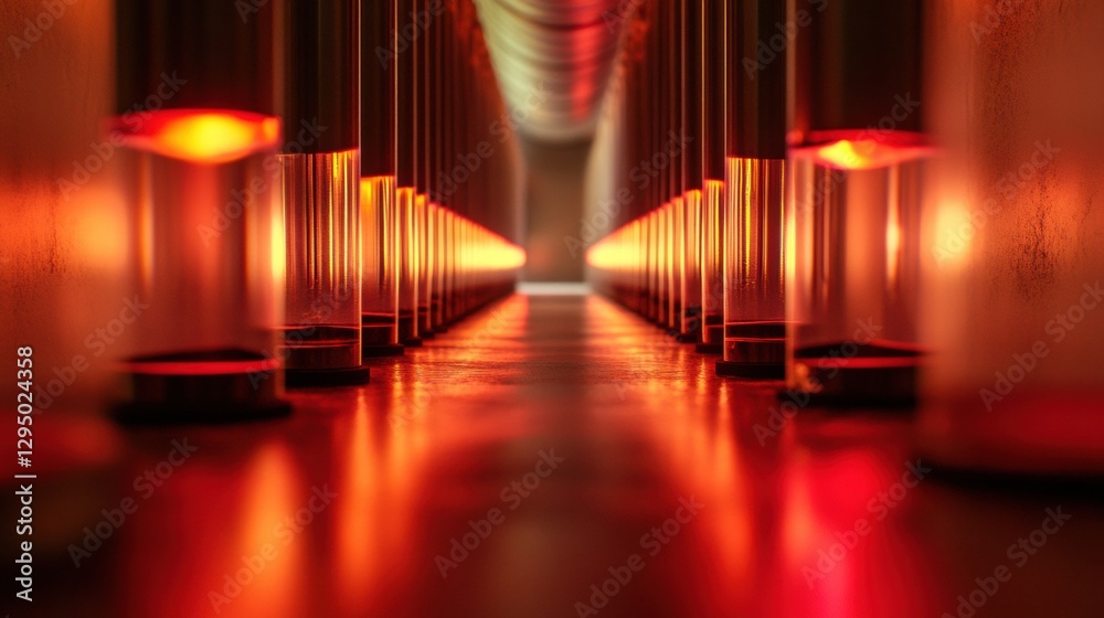 Poster long industrial pipelines stretching into the distance with metallic textures and red lighting illum