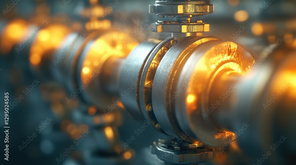 Poster close up image of a metallic pipe illuminated by a yellow light source in a dark environment