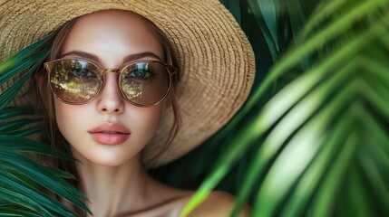 Fashion model wearing sunglasses and straw hat posing in tropical vegetation