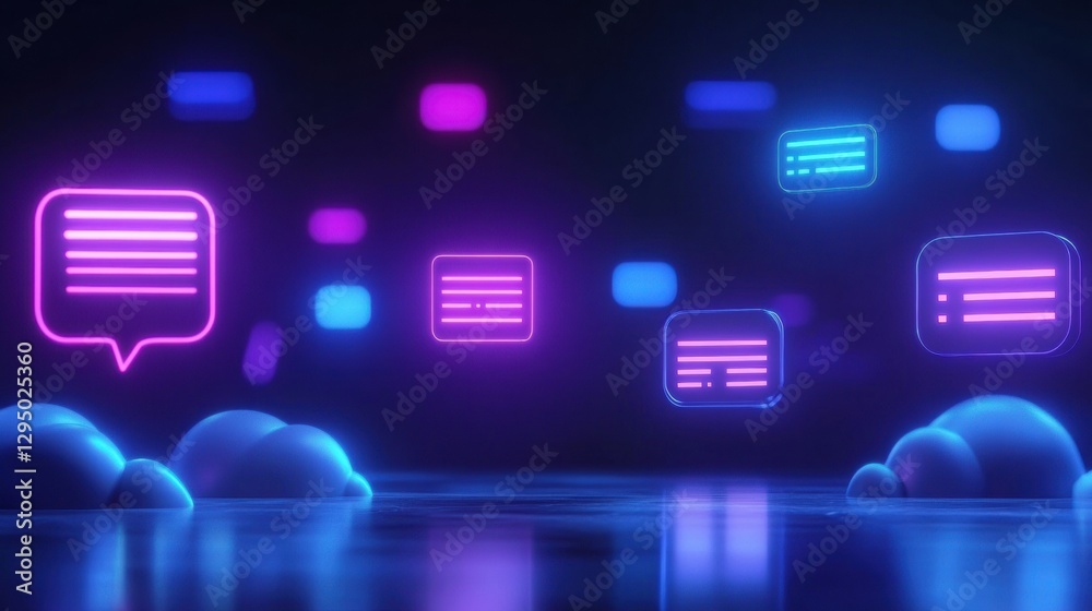 Aufkleber floating message bubbles in a vibrant social media chat interface at night with glowing text notific
