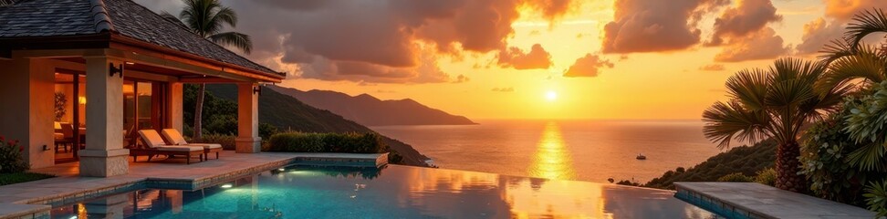 Fototapeta premium Sunset over a luxurious villa with glittering gold background and swimming pool, water, pool