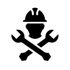 Simple Icon of a Construction Worker.A black silhouette icon of a construction worker wearing a hard hat and safety vest.