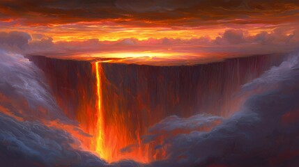 Fiery Lava Waterfall at Sunset Over a Dramatic Cliff
