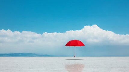 Vibrant red umbrella on calm waters scenic landscape nature photography tranquil sky