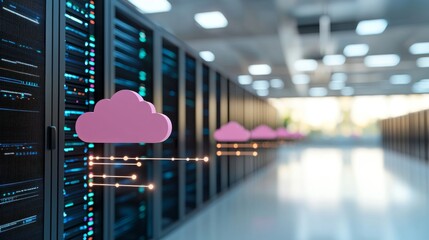Cloud data transfer action in server room technology content modern environment close-up