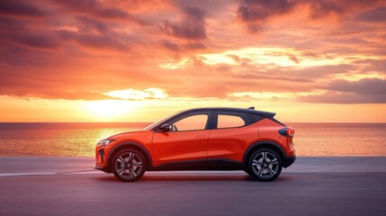 Striking Electric Compact SUV in Sleek Sporty Design Parked on a Sunlit Coastal Road by the Sea at Sunset for Ultimate Summer Adventure