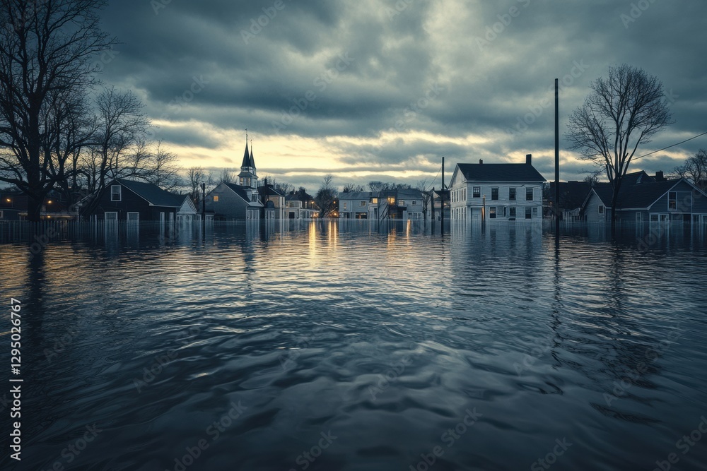 Aufkleber flooded cityscape with rooftops visible above water during dramatic twilight hours. generative ai