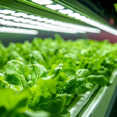 An underground hydroponic farm producing fresh vegetables with artificial sunlight