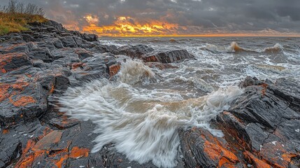 Dramatic Ocean Waves Crashing on Rocky Shore at Sunset with Vibrant Colors