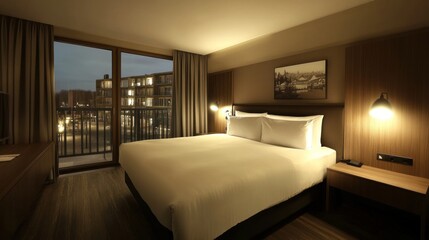 Hotel room with city view at night. Possible use Stock photo