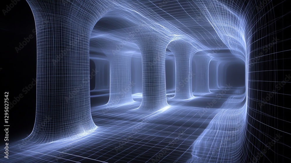 Poster digital representation of a futuristic tunnel with glowing grid patterns and illuminated columns at 