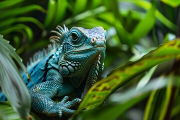 Obraz premium Vibrant blue lizard resting among lush green leaves in a tropical environment