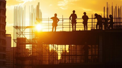 Striking Silhouette of Dedicated Construction Workers Amidst a Golden Evening Skyline Highlighting the Grit and Determination of Urban Development