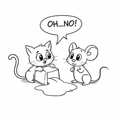 Obraz premium Cartoon Cat and Mouse Spilled Milk Puddle Surprised Expressions Black and White Line Drawing Cute Animal Comic Style