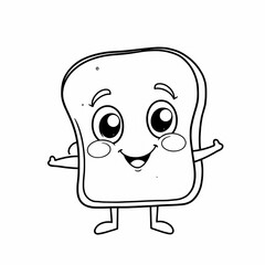 Cute Cartoon Slice of Bread Smiling Face Wide Eyes Kawaii Toast Character Black and White Line Drawing