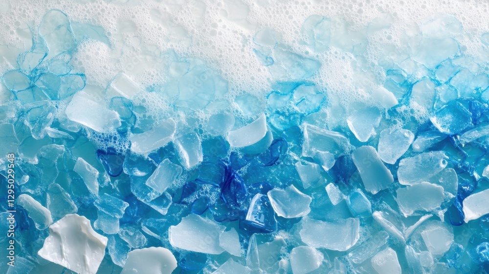 Aufkleber close up view of plastic scrap in ocean waves with blue tones creating a stark contrast in water and