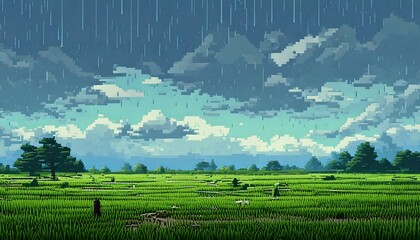 レトロゲーム風の自然のピクセルアート背景（雨天の草原） Generative AI