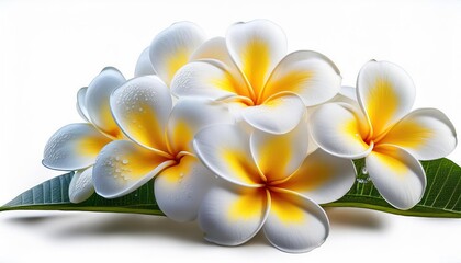 Fototapeta premium White and yellow plumeria flowers clusters with dewdrops 