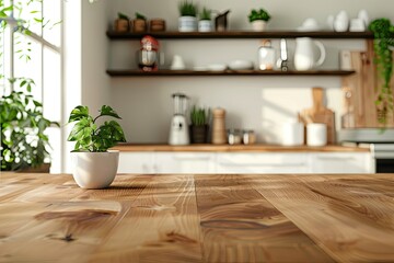 Sharp Picture of Product Displayed on Spacious Wooden Desk in Kitchen Interior