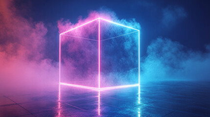 Abstract neon glowing wireframe cube in cyan blue and pink with a large smoke cloud and shiny reflective floor, representing futuristic technology, digital innovation, and creativity.


