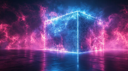 Abstract neon glowing wireframe cube in cyan blue and pink with a large smoke cloud and shiny reflective floor, representing futuristic technology, digital innovation, and creativity.

