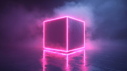 Abstract neon glowing wireframe cube in cyan blue and pink with a large smoke cloud and shiny reflective floor, representing futuristic technology, digital innovation, and creativity.

