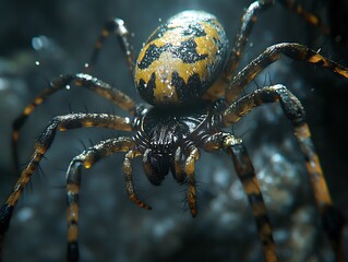 Yellow spider, dark background, macro