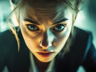 Tense and Overwhelmed Businesswoman in a Modern Office, Capturing the Strain of High-Pressure Corporate Environments with a Realistic Expression