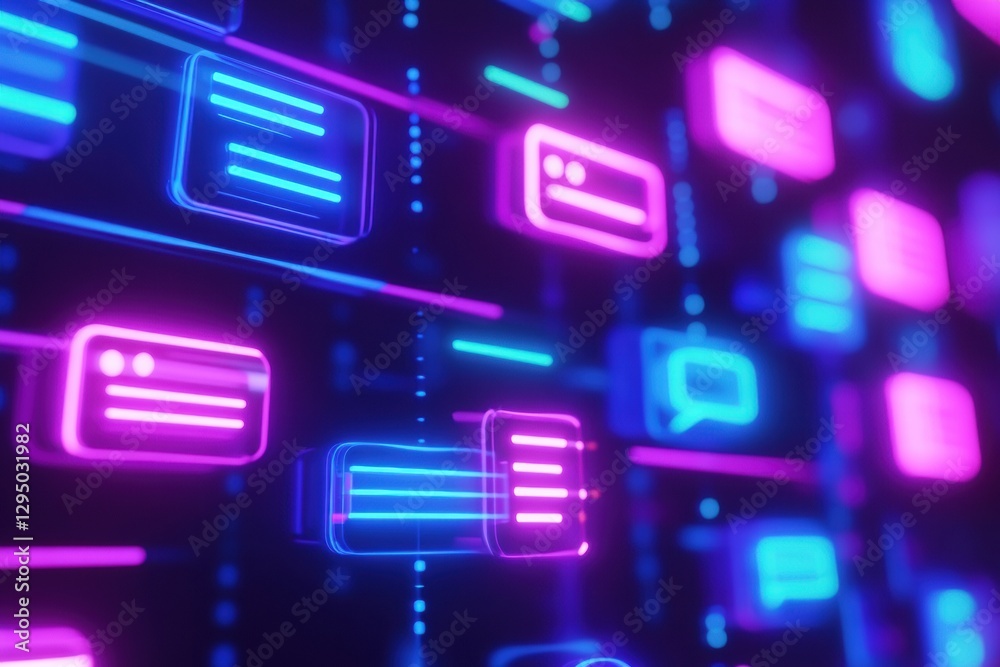 Aufkleber Visual representation of a digital chat interface with vibrant message bubbles and glowing notifications at night. Generative AI