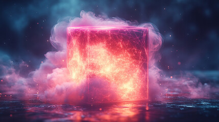 Abstract neon glowing wireframe cube in cyan blue and pink with a large smoke cloud and shiny reflective floor, representing futuristic technology, digital innovation, and creativity.

