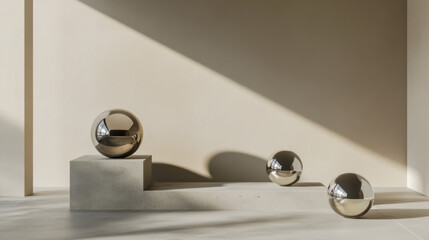 A surreal still-life composition featuring levitating glass orbs and polished metal spheres, elegantly arranged in a balanced, harmonious display
