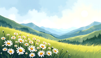 A calm bright field of white flowers on a hillside against a background of lush green grass, forest, distant mountains and blue sky