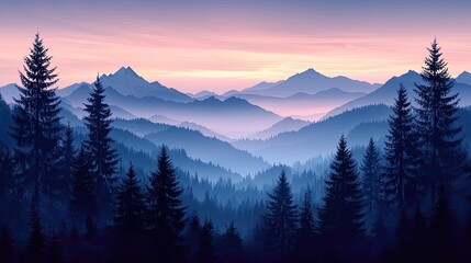 Serene Mountain Landscape at Dusk with Layers of Trees and Soft Pastel Sky