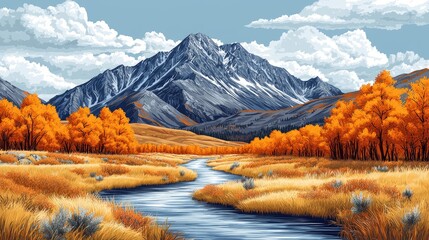 Majestic mountain landscape with vibrant autumn foliage and a serene river flowing through