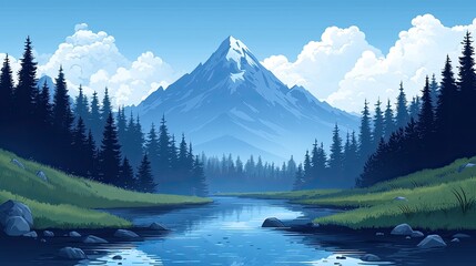 Serene Mountain Landscape with Lush Greenery and Tranquil River Under Clear Blue Sky