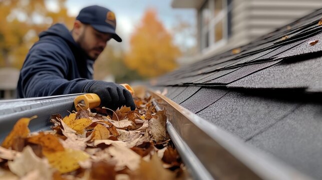 Worker cleaning gutter full of leaves doing spring cleaning.