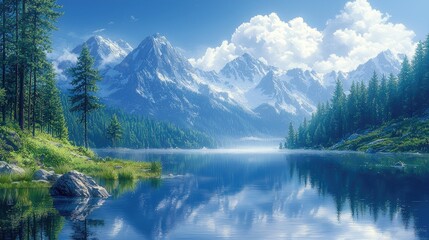 Serene mountain landscape reflecting in a tranquil lake with lush greenery and blue skies