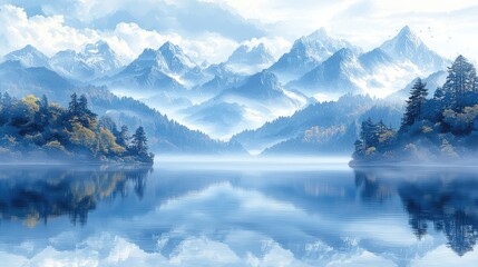 Serene mountain landscape with a tranquil lake reflecting surrounding peaks and trees