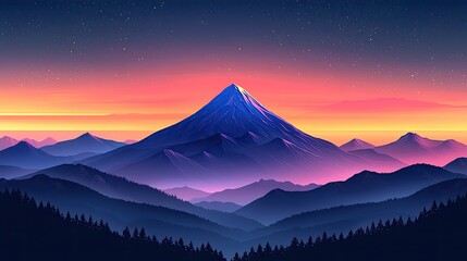 Majestic mountain peak at sunset, surrounded by layered hills and a starry sky, evoking tranquility