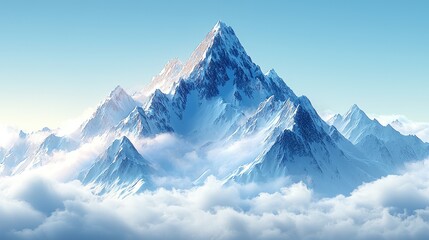 Majestic snow-capped mountain peak rising above a sea of clouds under a clear blue sky