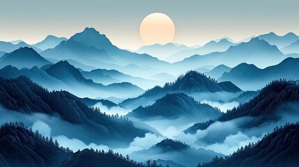 Serene Mountain Landscape at Sunrise with Misty Valleys and Silhouetted Trees in Background