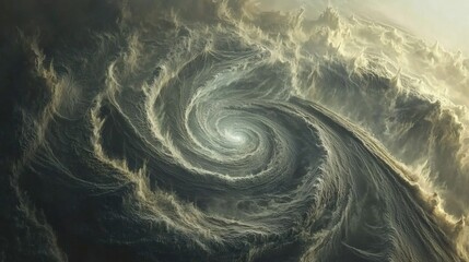 Dramatic Swirling Waves and Clouds in a Powerful Oceanic Scene Depicting Nature's Force and Beauty