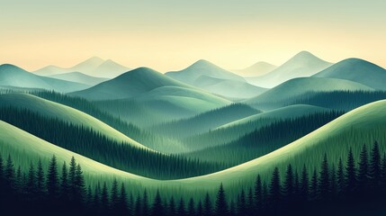 Serene landscape of rolling green hills and distant mountains under a soft pastel sky