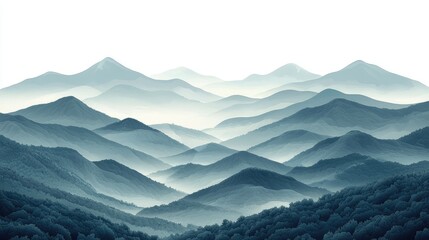 Serene mountain landscape with layered hills and misty valleys under a clear sky