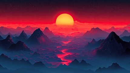 Vibrant sunset over majestic mountains reflecting in a serene river with a colorful sky