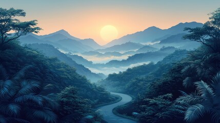 Serene mountain landscape at sunrise with winding road through lush greenery and misty hills