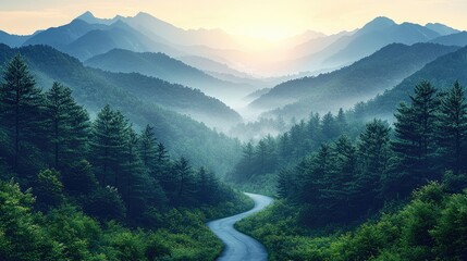 Serene winding road through lush green forested mountains at sunrise with misty background