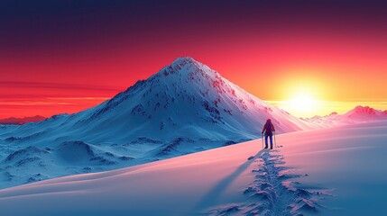A lone hiker stands on a snowy mountain peak at sunset, admiring the vibrant colors of the sky