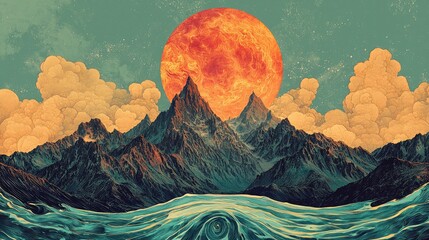 Vibrant sunset over majestic mountains with swirling ocean waves and dramatic clouds